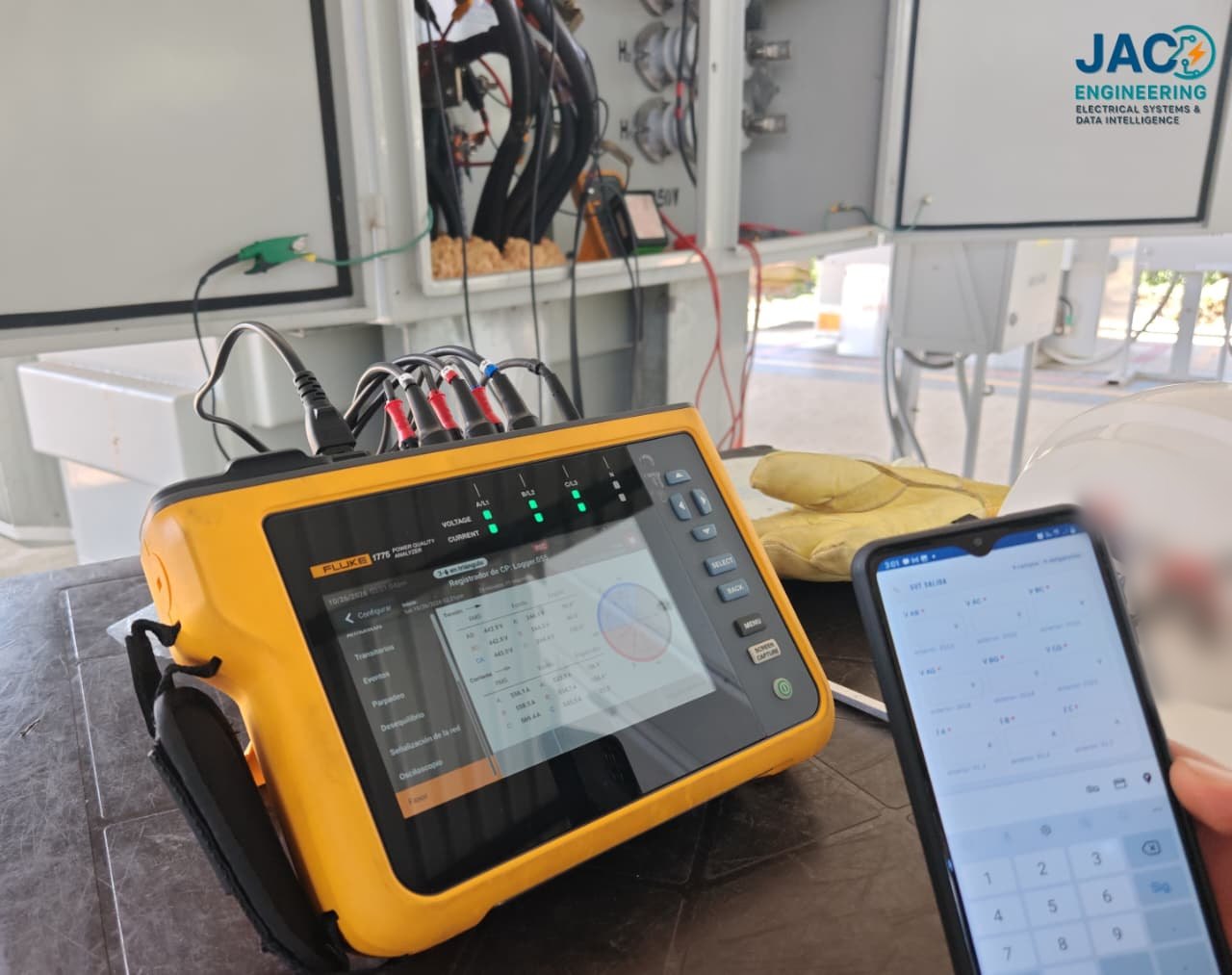 Analizador de calidad de energía clase A conectado a un tablero de transformador durante un estudio de JAC Engineering