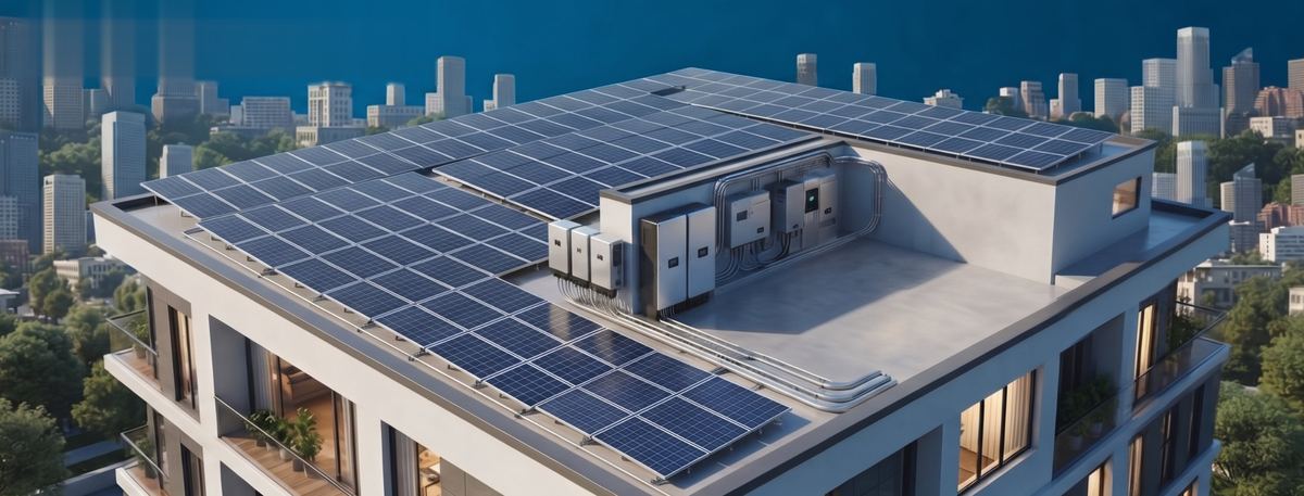 Sistema solar fotovoltaico en la cubierta de un edificio